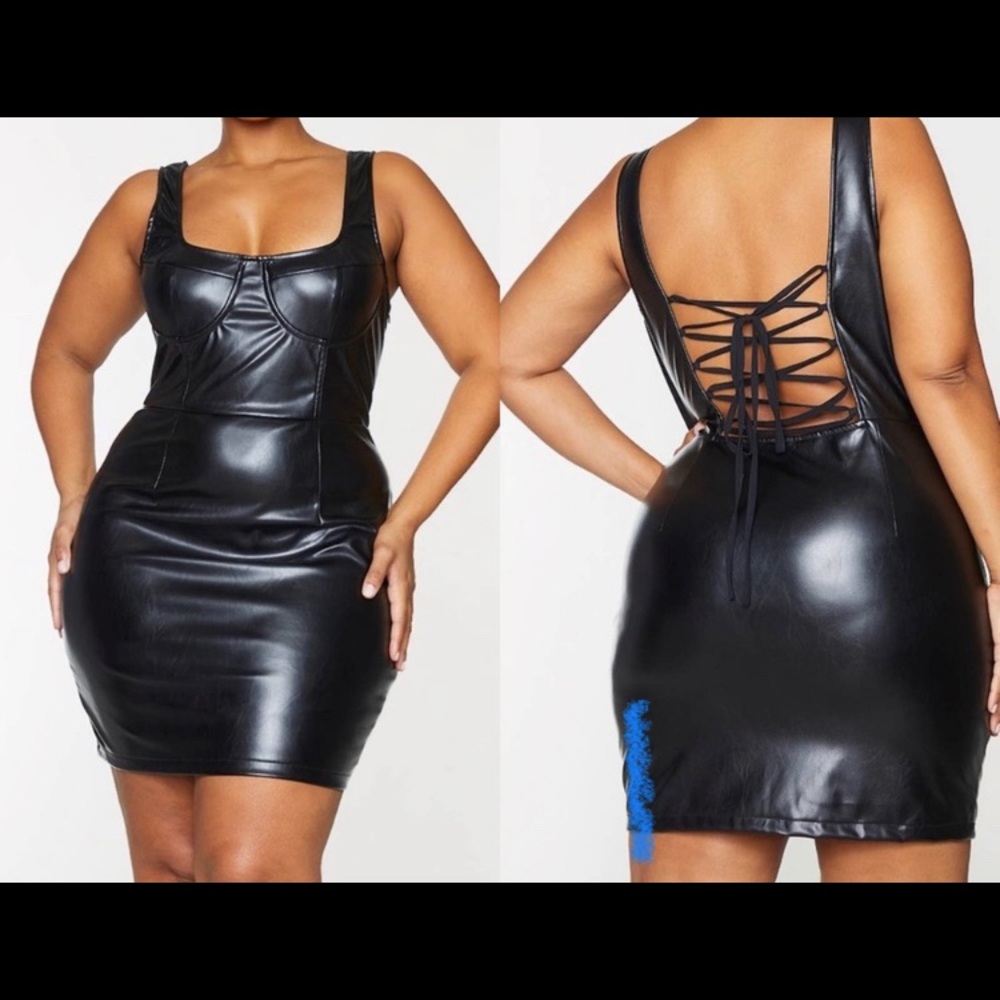 Brand New PLT PLUS BLACK PU LACE UP BACK BODYCON SIZE XL DRESS approx 88cm/34.5"